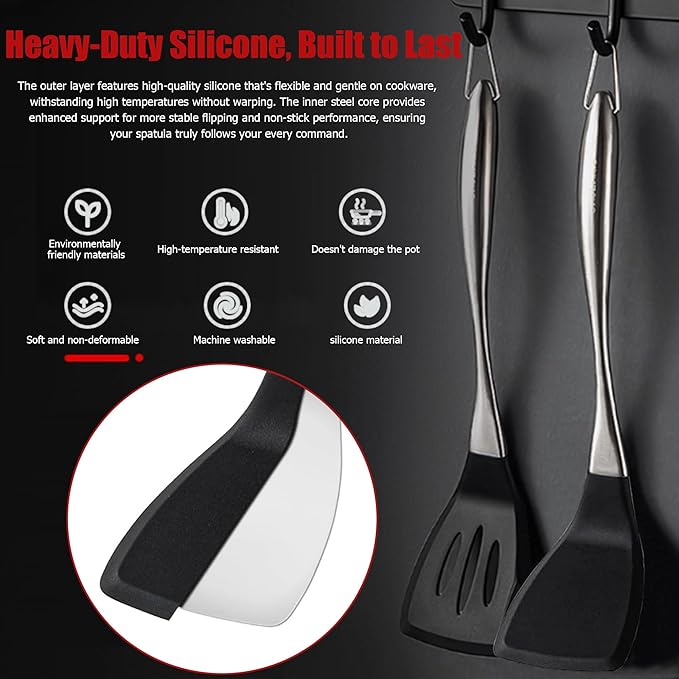 Heavy Duty Silicone Spatula Set, 2 Piece Heat Resistant BPA Free Cooking Spatulas with Stainless Steel Handle, Non Stick Silicone Turner for Pancakes, Eggs, Fish, Kitchen Cooking Utensils