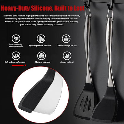 Heavy Duty Silicone Spatula Set, 2 Piece Heat Resistant BPA Free Cooking Spatulas with Stainless Steel Handle, Non Stick Silicone Turner for Pancakes, Eggs, Fish, Kitchen Cooking Utensils