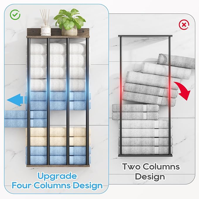 Towel Racks for Bathroom Wall Mounted, Updated 4 Bar Wall Towel Holder | Large Bathroom Towel Storage Rack for Rolled Towels, Modern Metal Towel Organizer Shelf with Wooden Storage Shelf