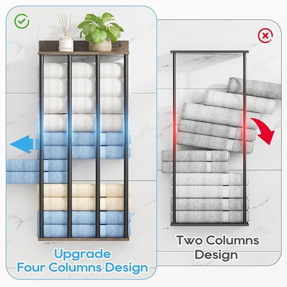 Towel Racks for Bathroom Wall Mounted, Updated 4 Bar Wall Towel Holder | Large Bathroom Towel Storage Rack for Rolled Towels, Modern Metal Towel Organizer Shelf with Wooden Storage Shelf