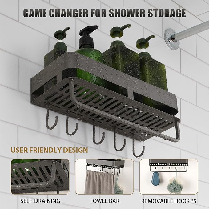 Shower Caddy, 15.7 inch Stainless Steel Shower Shelves for Inside Shower with Hooks & Towel Bar - Space-Saving Bathroom Organizers and Storage for Showers, Kitchens