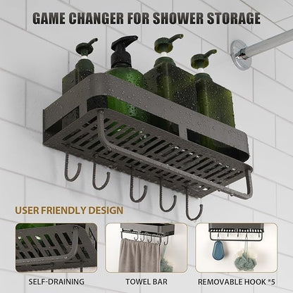 Shower Caddy, 15.7 inch Stainless Steel Shower Shelves for Inside Shower with Hooks & Towel Bar - Space-Saving Bathroom Organizers and Storage for Showers, Kitchens
