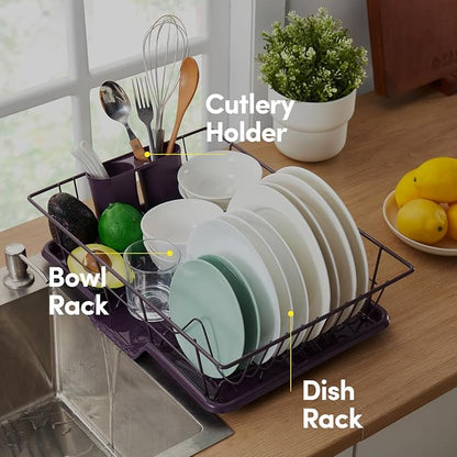 Space-Saving 3-Piece Dish Drainer Rack Set: Efficient Kitchen Organizer for Quick Drying and Storage - Includes Cutlery Holder and Drainboard - Maximize Countertop Space, Eggplant Purple