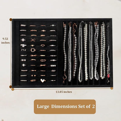 Large Velvet Jewelry Tray 2 Pack Stackable Jewelry Display Drawer Inserts Trays Organizer for Earring Bracelet Necklace Ring (Black, Ring and 9 Grids)