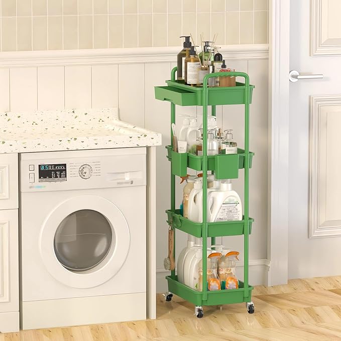 LLMRR 4 Tier Rolling Utility Cart with Drawer, Plastic Storage Organizer Rolling Carts with Wheels Handles Hanging Cups Hooks for Office, Bathroom, Kitchen,Craft Art Room (Green)