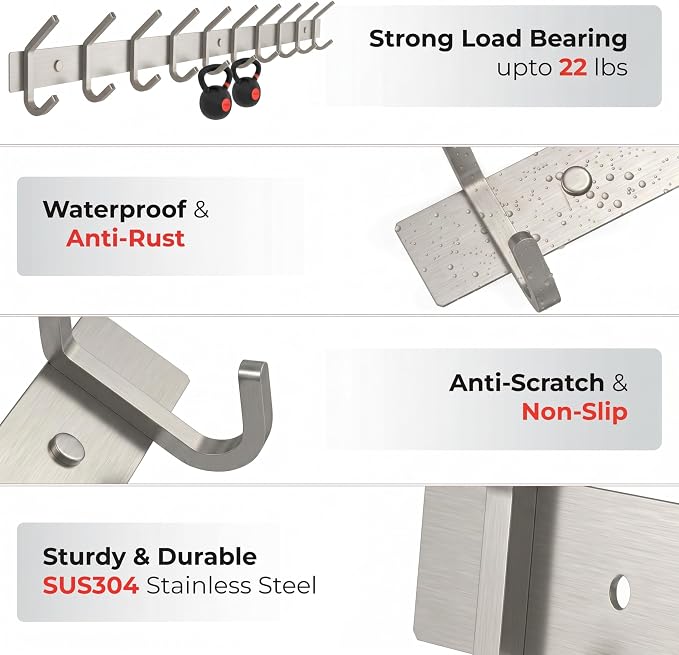 Coat Rack Wall Mount – Brushed Nickel 30 Inch Stainless Steel Hook Rail with 10 Heavy Duty Double Coat Hooks – Wall Mounted Coat Hanger for Entryway, Bathroom, Bedroom, Towel, Hat Organizer