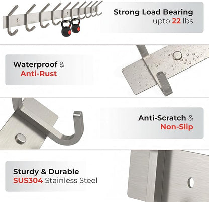 Coat Rack Wall Mount – Brushed Nickel 30 Inch Stainless Steel Hook Rail with 10 Heavy Duty Double Coat Hooks – Wall Mounted Coat Hanger for Entryway, Bathroom, Bedroom, Towel, Hat Organizer