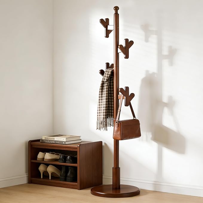 Wooden Coat Rack Freestanding, Creative Antler Hooks, Rubberwood Coat Rack Stand with Stable Round Base, Heavy Duty Coat Hanger Hall Tree for Entryway,Bedroom,Apartment/Jacket, Hat, Bag