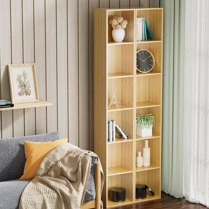 Tall Narrow Bookshelf 6-Tier Bookcase,70.5" Skinny Thin Corner Shelf Slim Storage Cabinet,Wood DVD CD Media Cube Organizer Tower Rack for Small Spaces, Bedroom, Living Room, Office,Natural