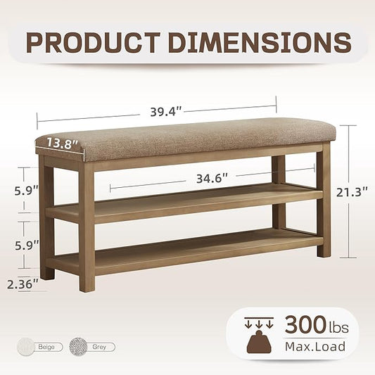 2 Tier Shoe Rack Bench with Cushion, Solid Wood Shoe Benches, Mid-Century Modern Shoe Storage Bench for Entryway, Hallway, Living Room, Closet, Front Door Entrance, (Brown, 39.4")