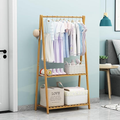 Kids Clothing Rack for Hanging Clothes,Small Toddler Clothes Racks Bamboo Wooden Garment Dress Up Storage Costume Rack with Shelves for Laundry Drying,Short,Mini,Floor Standing