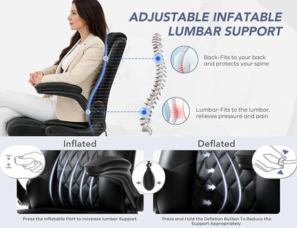 Office Chair with Adjustable Inflatable Lumbar Support,Leather Ergonomic Computer Desk Chair with Flip-up Arms,Adjustable Tilt Lock,Swivel Rolling Executive PC Chair for Work,Study,Meeting.Black