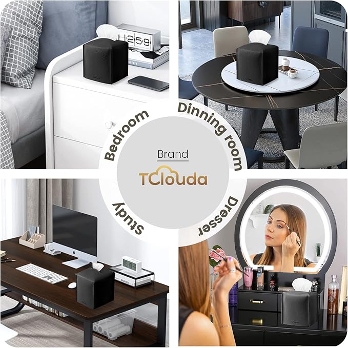 Tissue Box Cover, Tclouda, Modern PU Leather Square Tissue Box Holder for Creative Decorative, 2 Pack, Ideal for Bathrooms/Office/Car/Nightstand/Outdoor Tent/Dining Table, 5"X5"X5", Double Black