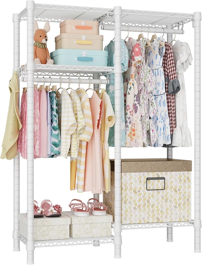 Ulif F1 Garment Rack for Kids, Baby, Students, and Children's Room, 4 Tiers Freestanding and Portable Heavy Duty Closets, Small Metal Clothes Rack with 2 Hanging Rod, 31.2" W x 11.8" D x 48" H, White