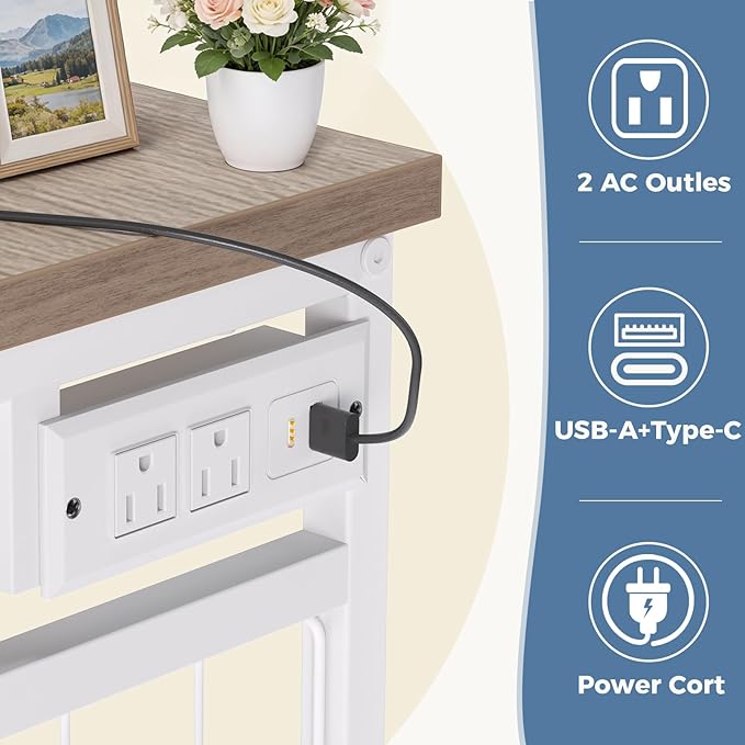 OLIXIS 6 Storage for Bedroom with Hanging Rack with LED Lights & Charging Station, Fabric Chest of Storage with Rack, Wooden Top, for Home Living Room Entryway Brown
