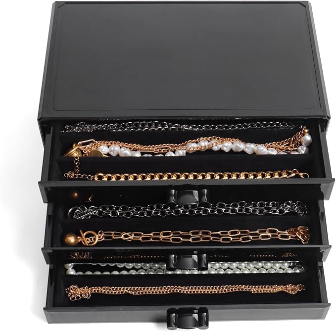 YUFONG Necklace Holder Organizer, Dustproof Necklace Box Velvet Necklace Organizer Box with Lid Clear Acrylic Dustproof Stackable Jewelry Displays for Necklaces Chain Display (Black Black, 3 Drawer)