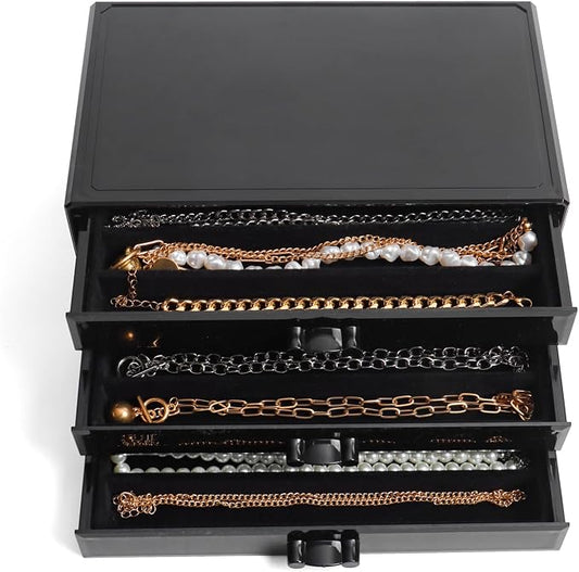 YUFONG Necklace Holder Organizer, Dustproof Necklace Box Velvet Necklace Organizer Box with Lid Clear Acrylic Dustproof Stackable Jewelry Displays for Necklaces Chain Display (Black Black, 3 Drawer)