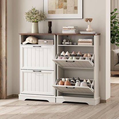 Shoe Storage Cabinet with 2 Flip Drawers, 24" W Farmhouse Modern Hidden Shoes Rack Cabinet with Adjustable Shelves & Open Storage, Narrow Slim Shoe Organizer for Entryway, Hallway, Antique White