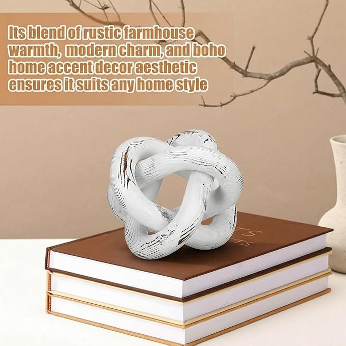 3 Link Wood Knot Decor Rustic Home Décor Accents Hand Carved Coffee Table Decoration, Boho Chain Link Decoration, Modern Shelf, Rustic Objects for Home Living Room Bedroom(Retro White)