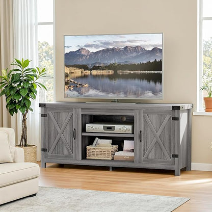 YESHOMY Modern Farmhouse TV Stand with Two Barn Doors and Storage Cabinets for Televisions up to 65+ Inch, Entertainment Center Console, Media Furniture for Living Room, 58 Inch, Gray Wash & Rustic