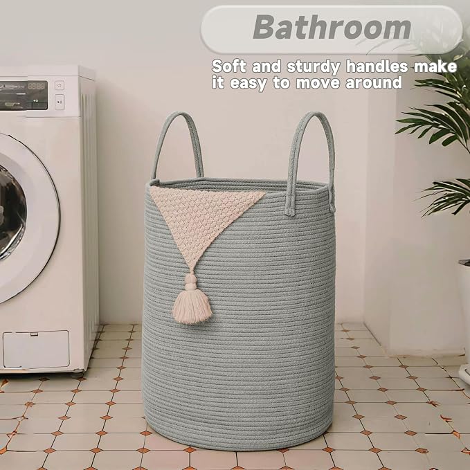 JMvicyroam Large Woven Laundry Basket Hamper,80L Cotton Rope Storage Bin for Blankets,Toys and Clothes,Decorative Tall Nursery Hamper for Living Room,Baby Nursery,Bathroom and Bedroom,Grey