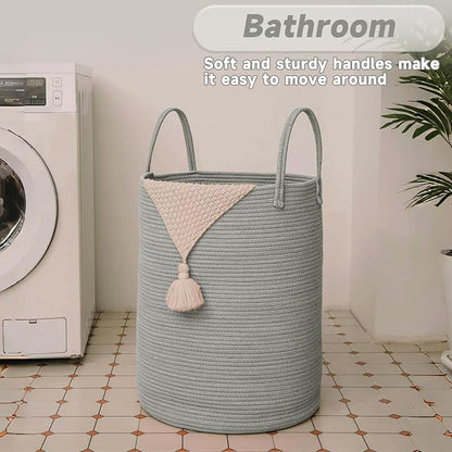 JMvicyroam Large Woven Laundry Basket Hamper,60L Cotton Rope Storage Bin for Blankets,Toys and Clothes,Decorative Tall Nursery Hamper for Living Room,Baby Nursery,Bathroom and Bedroom,Grey