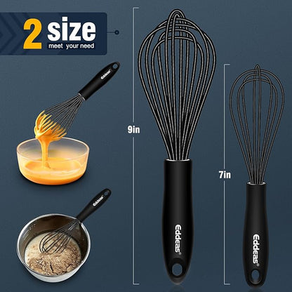 Eddeas Mini Silicone Whisk, Small Silicone Whisk 7+9in, BPA free Non Scratch Coated Protect your Ceramic Pots and Pan.Perfect for Whisking, Beating, Mixing.Black