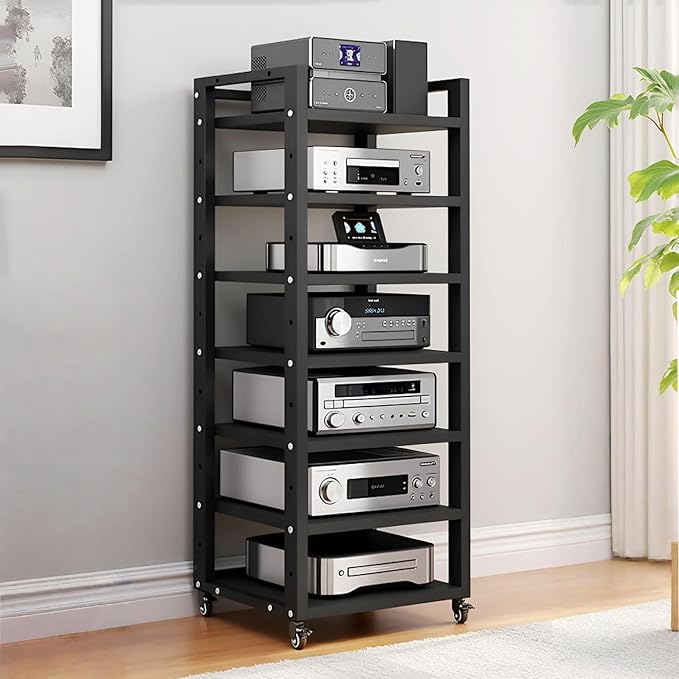 7 Tier AV Media Stand, 55in Audio Rack Tower Stereo Components Cabinet, Home Theatre CD Record Player Stereo Receiver Equipment Rack with Adjustable Wood Shelves, Load 400lbs (Black)