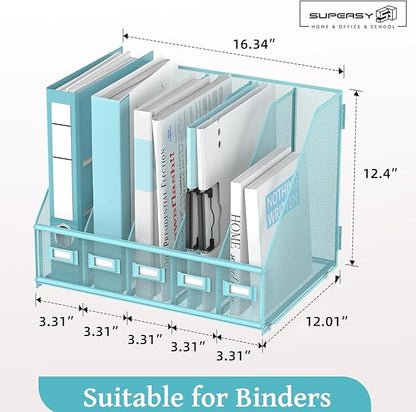 SUPEASY Desk Organizers Metal Desk Magazine File Holder with 5 Vertical Compartments Rack File Organizer for Office Desktop, Classroom, Home Workspace, Blue Plus