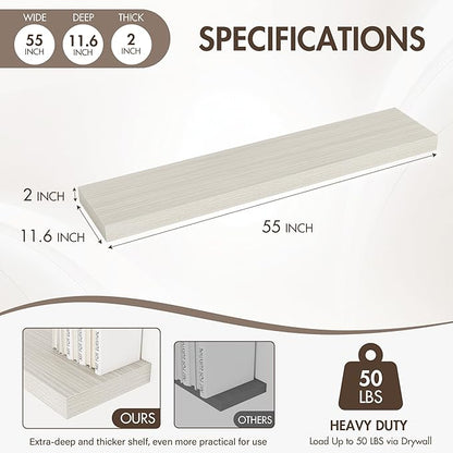 Acovy 55 Inch Floating Shelves, 12" Deep Floating Shelf Wall Mounted, 55" Wall Shelves, Rustic Deep Bookshelf, Extra Deeper & Thicker Display Shelves for Bedroom, Living Room, Gray, Set of 2