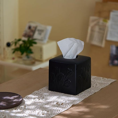Black Ceramic Tulips Tissue Box Cover - Modern Square Decorative Organizer for Facial Tissues, Farmhouse Style Home Decor for Bathroom, Bedroom, Living Room & Office