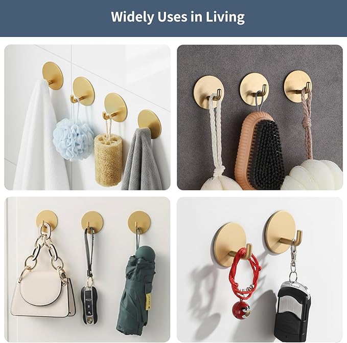 Adhesive Hooks Heavy Duty Waterproof in Shower Hooks for Hanging Loofah, Towels, Clothes, Robes for Bathroom Removable Adhesive Wall Hooks Door Hook Stainless Steel Stick on Hooks 4 Pcs (Gold)