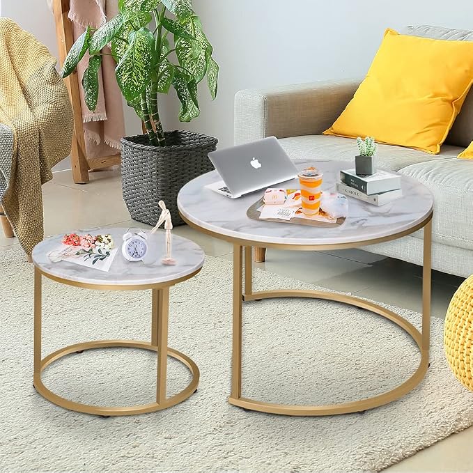 Garden 4 you Nesting Coffee Table Faux White Marble for Small Place 2 Sets Modern Furniture Living Room Sets End Side Table Night Stand for Bed Room Dining Room