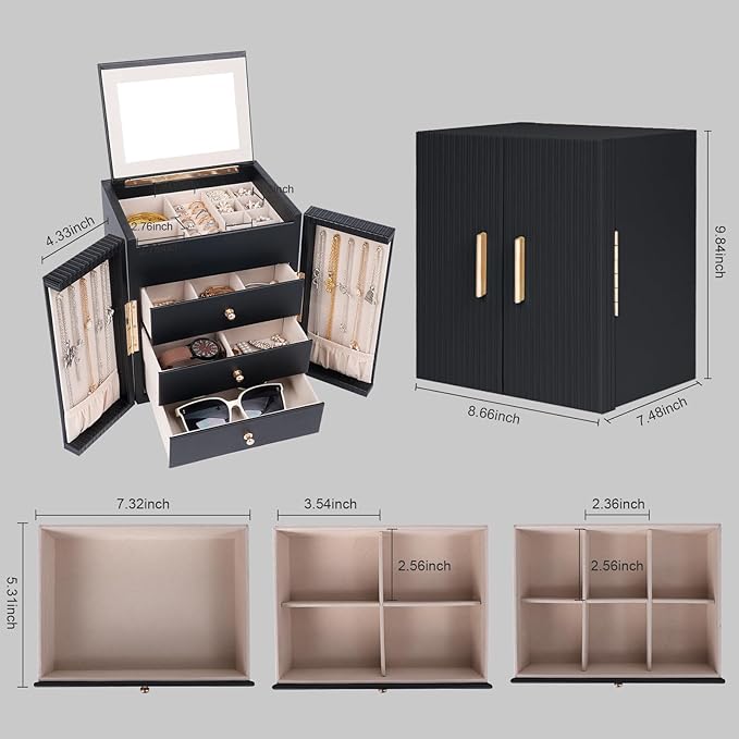 Dajasan Large Jewelry Box for Women, Jewelry Organizer Box with 3 Drawers, Jewelry Storage Organizer with Mirror for Necklace Ring Bracelet Watch, Gift Idea, 8.7 x 7.5 x 9.8 Inches (Black)
