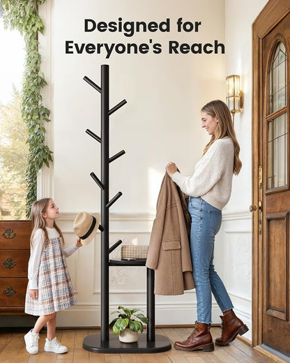 Pipishell Coat Rack, Freestanding Hall Tree with 8 Hooks & Storage Shelf, Solid Wood Base, 66.3″ Tall Coat Rack Stand for Coats, Hats, Bag in Entryway, Bedroom, Living Room, Black, PIFCR11B