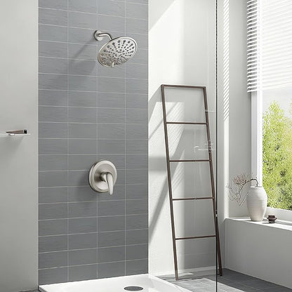 gotonovo Shower Faucet Set Bathroom Shower Head and Handle Set Complete 6 Settings 6 inch Rainfall Shower Head Kit High Pressure Shower System Combo Shower Trim Kit with Valve Brushed Nickel