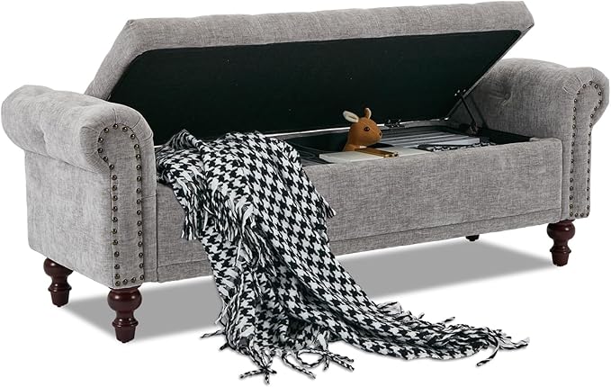 58.1" Storage Bench Upholstered Chenille End of Bedroom Bed Bench Ottoman with Tufted Cushioned Rolled Arm Large Storage Space for Reading Living Room Entryway, Light Grey