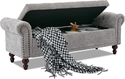 58.1" Storage Bench Upholstered Chenille End of Bedroom Bed Bench Ottoman with Tufted Cushioned Rolled Arm Large Storage Space for Reading Living Room Entryway, Light Grey