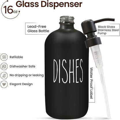 Sunrise Premium 16 OZ Thick Black Glass Soap Dispenser, Matte Black Stainless Steel Pump 2 Pack, Hand and Dish Soap Dispenser Set for Bathroom with 6 Waterproof Labels