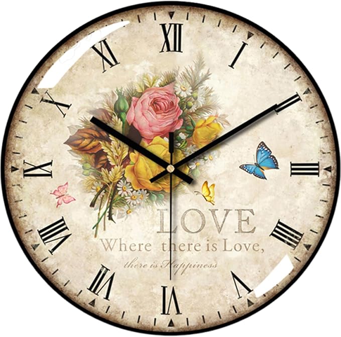 Decorative Wall Clocks Batterys Operated, Retro Wall Clock with Glass Dial, 12-Inch Dial with Roman Numerals, Silent and No Ticking, Suitable for Living Room, Bedroom, Dining Area, Workspace