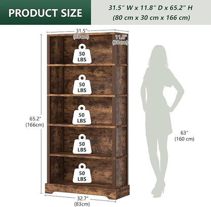 TVU 5-Tier Wooden Bookshelf, 65" Tall Farmhouse Style Open Bookcase, 31.5" W Standing Book Shelf with Storage, Suitable for Study, Living Room, Office, Rustic Brown