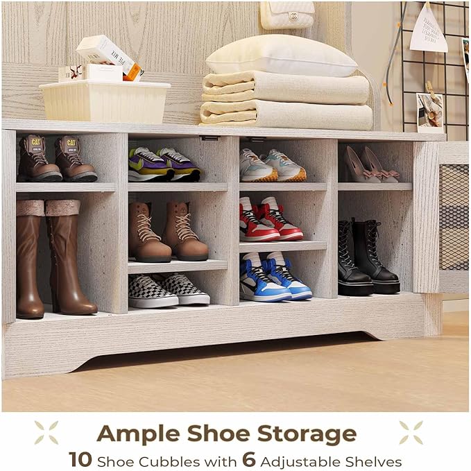 Itaar Hall Tree with Bench and Shoe Storage, 5-in-1 Entryway Bench with Coat Rack, 10 Shoe Cubbies & 9 Coat Hooks, Barn Door & Adjustable Shelf (Embossed White)