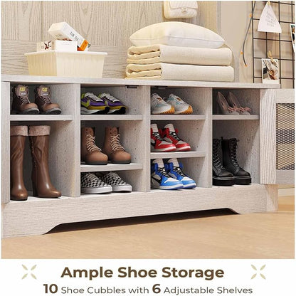 Itaar Hall Tree with Bench and Shoe Storage, 5-in-1 Entryway Bench with Coat Rack, 10 Shoe Cubbies & 9 Coat Hooks, Barn Door & Adjustable Shelf (Embossed White)