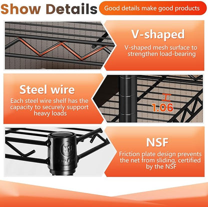 BestOffice | 6-Tier Wire Storage Shelves with Wheels | 18x45x82 | Black | Adjustable Racks | Heavy-Duty Metal Shelf, Holds Upto 2100 lbs | No-Tool Assembly | Ideal for Home & Garage Shelving