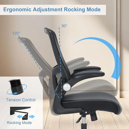 Office Chair PU Leather Cushion, Ergonomic Desk Chair with Flip-Up Arms, 300 LBS Home Office Desk Chairs Adjustable Seat Height & Lumbar Support, Executive Comfy Swivel Task Computer Chair