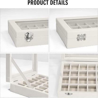 Vicoter Velvet Jewelry Box 24 Grid Jewelry Ring Display Organiser Box Tray Holder Earrings Storage Case for Girls Wife Mom Women (Beige)