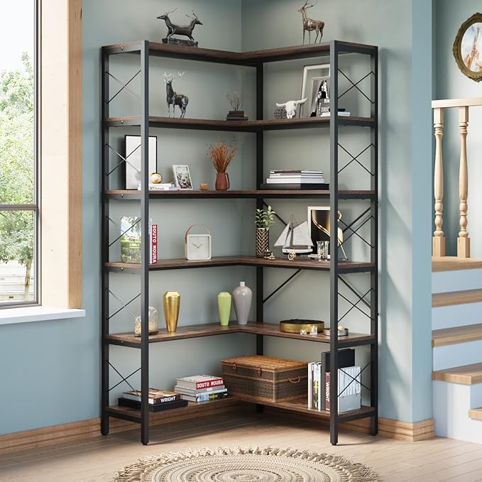 Wildhome 6-Shelf Corner Bookshelf, Vintage Industrial CornerBookshelf Etagere Bookcase, Large Book Shelf with Metal Frame Open Storage Corner Cabinet for Living Room Home Office（Retro Brown）
