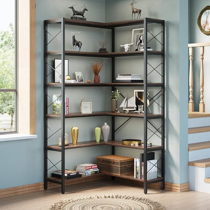 Wildhome 6-Shelf Corner Bookshelf, Vintage Industrial CornerBookshelf Etagere Bookcase, Large Book Shelf with Metal Frame Open Storage Corner Cabinet for Living Room Home Office（Retro Brown）