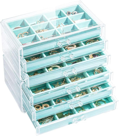 Lolalet Earring Holder Organizer Box Jewelry Storage with 6 Drawers, Clear Acrylic Stackable Earring Case with Adjustable Velvet Trays for Women on Dresser Vanity -Aqua, 6 Layers