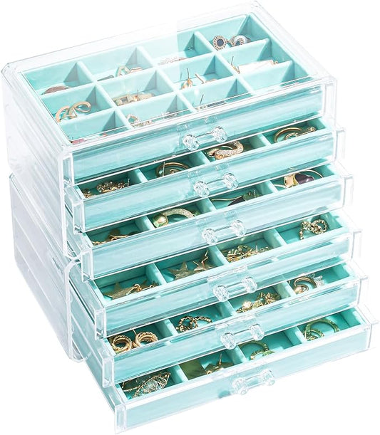 Lolalet Earring Holder Organizer Box Jewelry Storage with 6 Drawers, Clear Acrylic Stackable Earring Case with Adjustable Velvet Trays for Women on Dresser Vanity -Aqua, 6 Layers